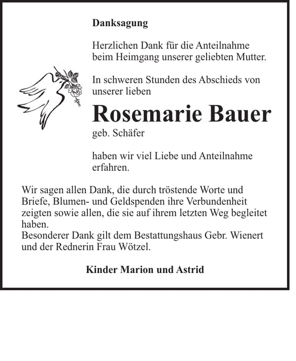 Danksagung Rosemarie Bauer, geb. Schäfer
