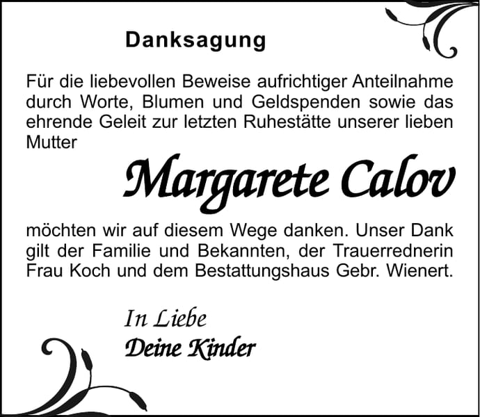 Danksagung Margarete Calov