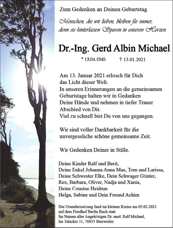 Traueranzeige Dr.-Ing. Gerd Albin Michael