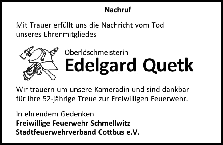 Traueranzeige Edelgard Quetk