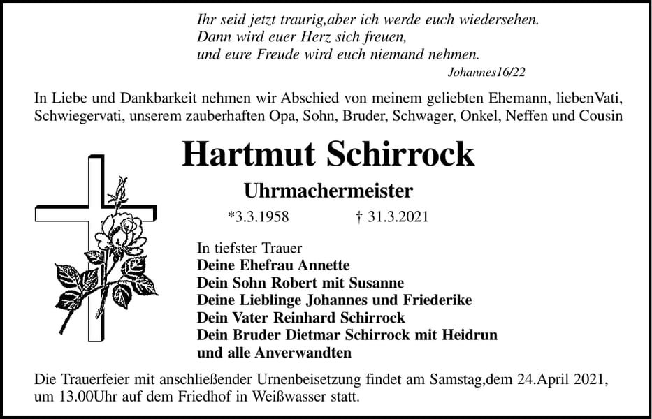 Traueranzeige Hartmut Schirrock
