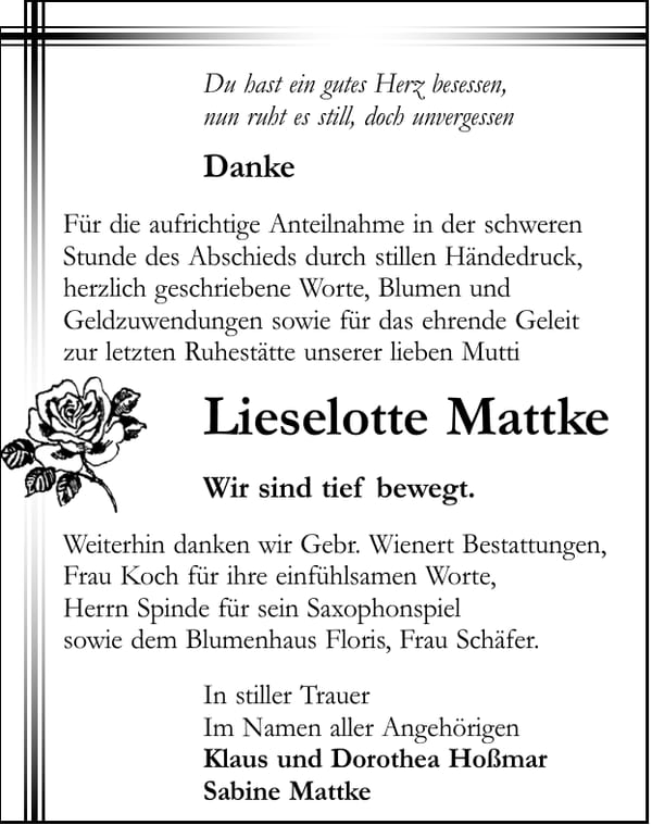 Danksagung Lieselotte Mattke
