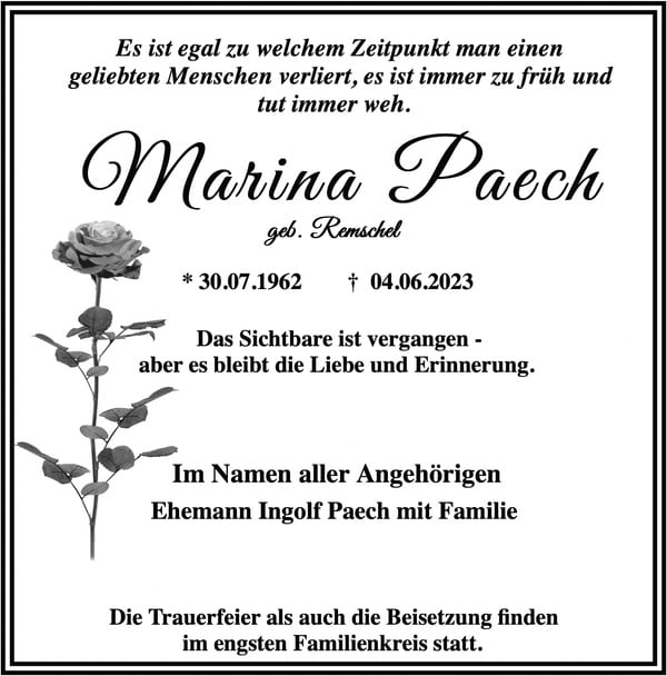 Traueranzeige Marina Paech, geb. Remschel