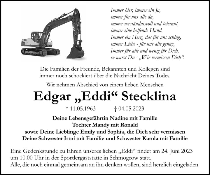 Traueranzeige Edgar „Eddi“ Stecklina