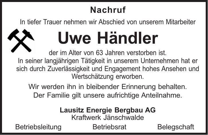 Traueranzeige Uwe Händler