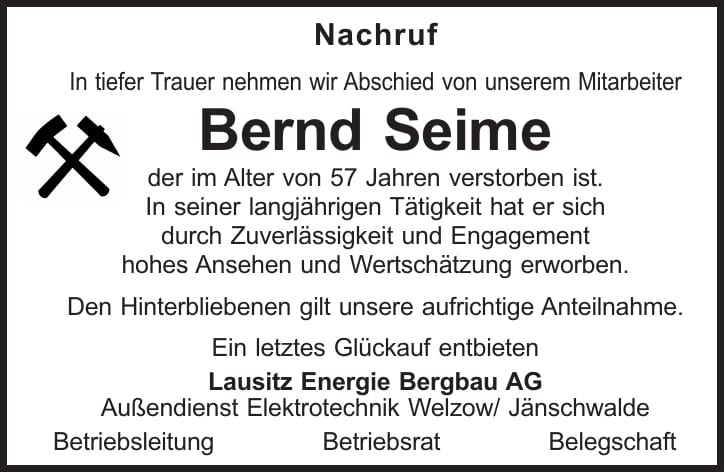 Traueranzeige Bernd Seime