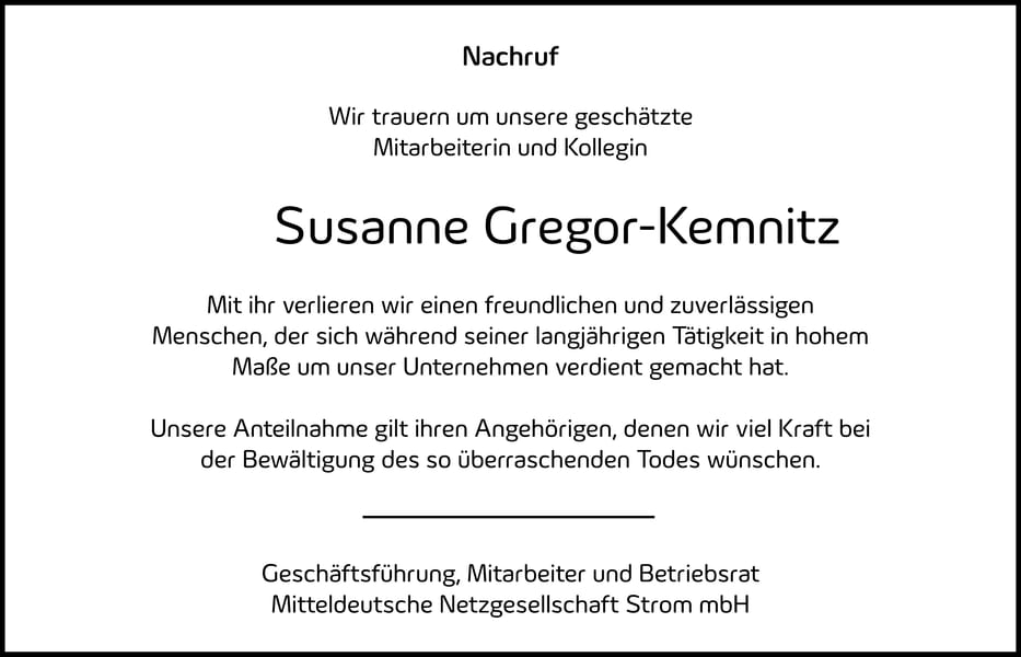Nachruf Susanne Gregor-Kemnitz