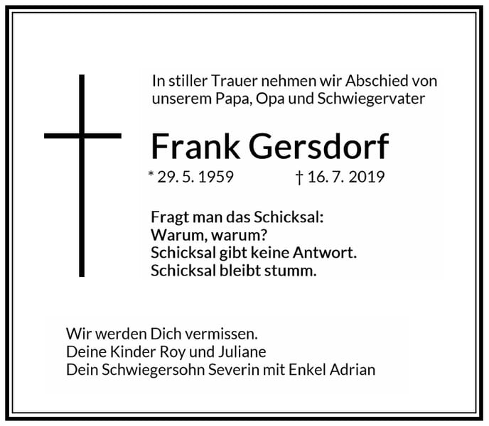 Traueranzeige Frank Gersdorf