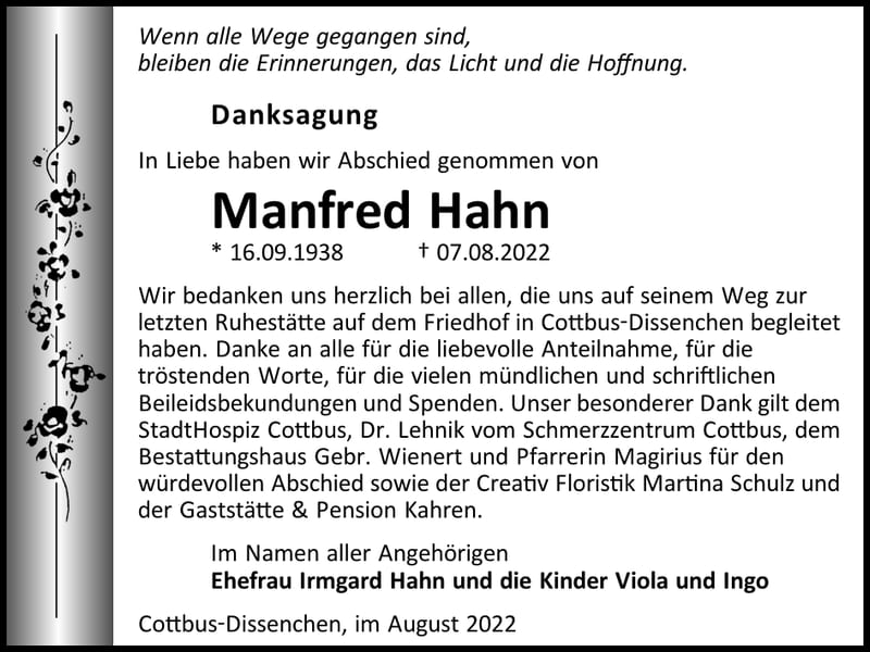 Danksagung Manfred Hahn