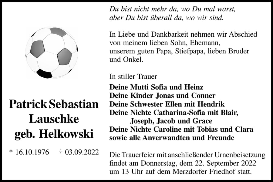 Traueranzeige Patrick Sebastian Lauschke, geb. Helkowski