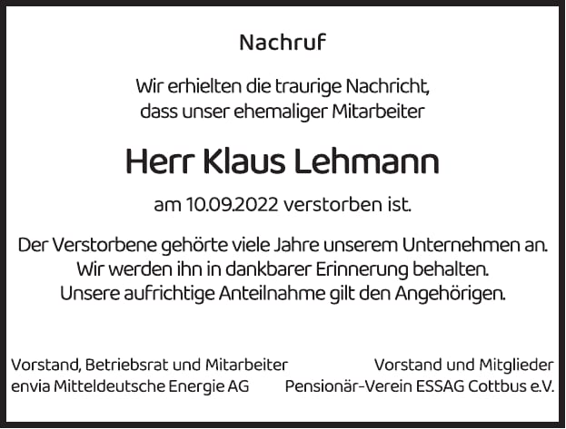 Nachruf Klaus Lehmann