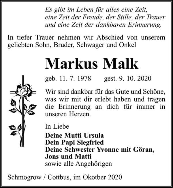 Traueranzeige Markus Malk