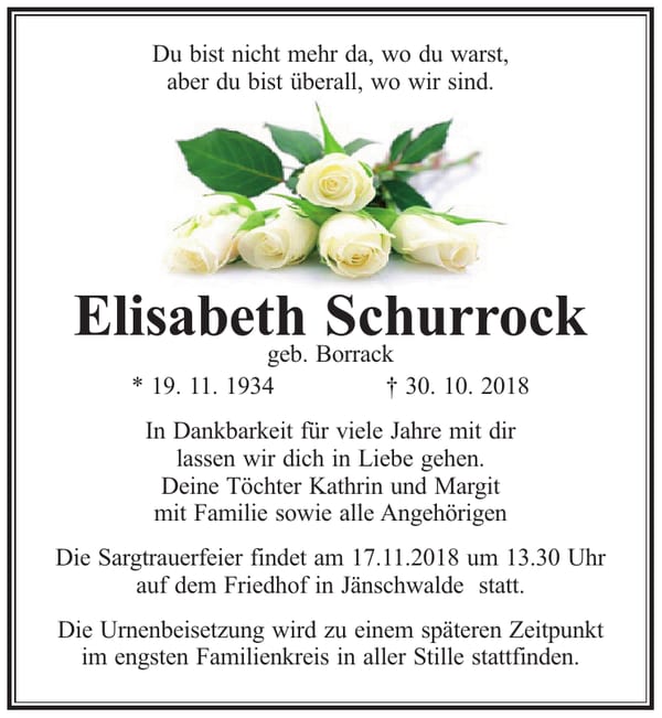 Traueranzeige Elisabeth Schurrock, geb. Borrack