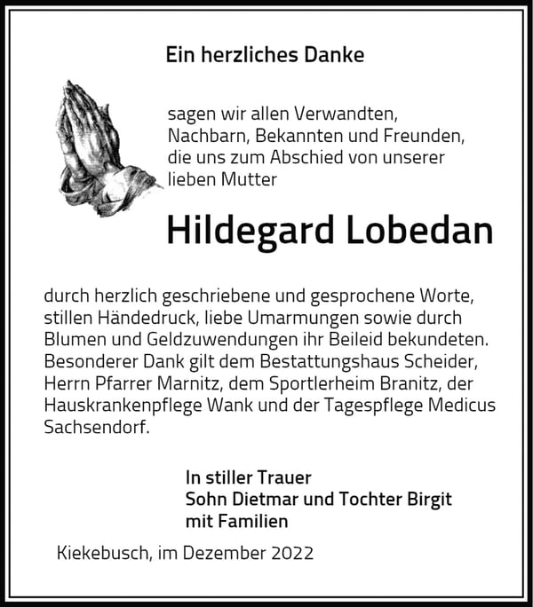 Danksagung Hildegard Lobedan