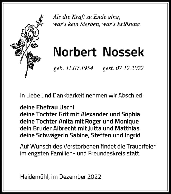 Traueranzeige Norbert Nossek