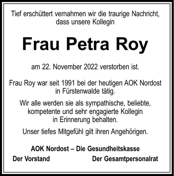 Nachruf Frau Petra Roy