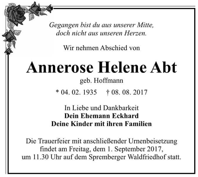 Traueranzeige Annerose Helene Abt, geb. Hoffmann