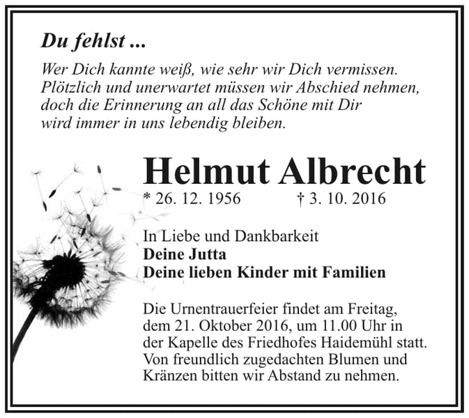Traueranzeige Helmut Albrecht