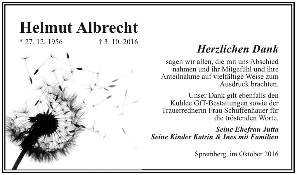 Danksagung Helmut Albrecht