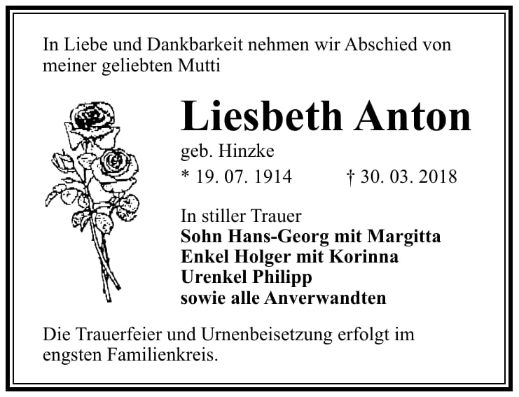 Traueranzeige Liesbeth Anton, geb. Hinzke