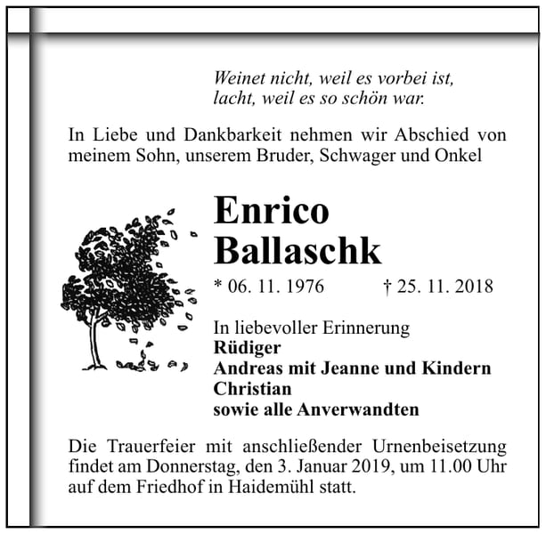 Traueranzeige Enrico Ballaschk
