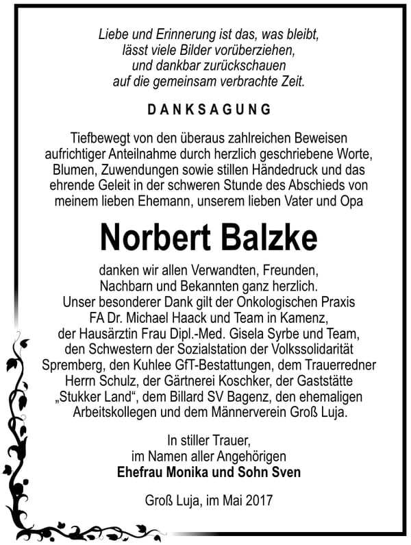 Danksagung Norbert Balzke