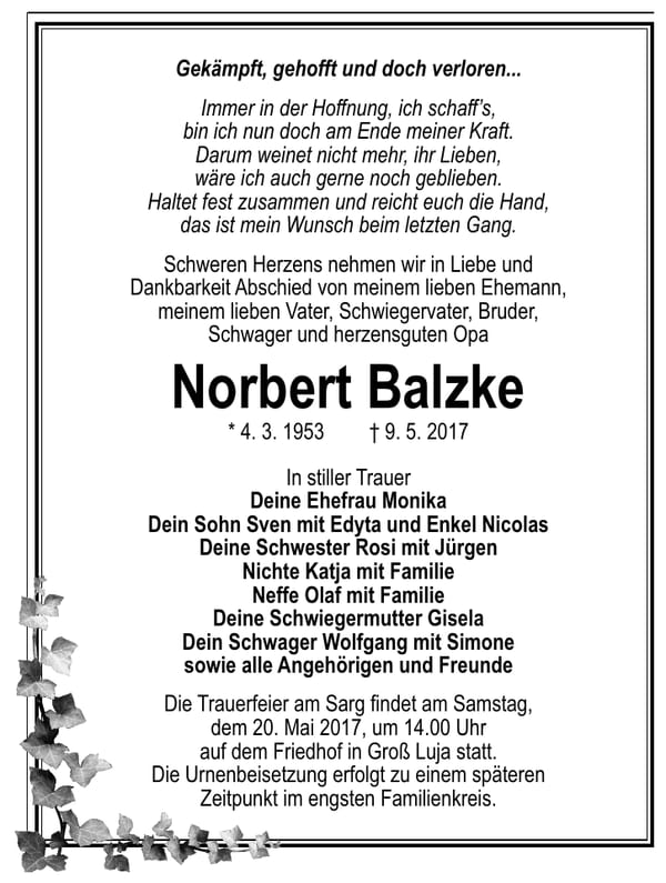 Traueranzeige Norbert Balzke