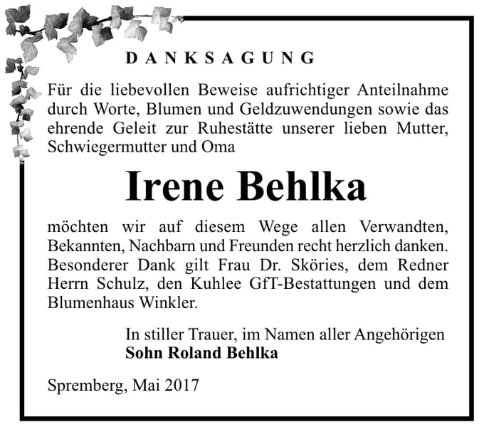 Danksagung Irene Behlka