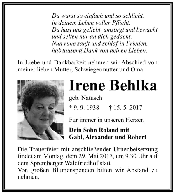 Traueranzeige Irene Behlka, geb. Natusch