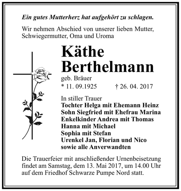 Traueranzeige Käthe Berthelmann, geb. Bräuer
