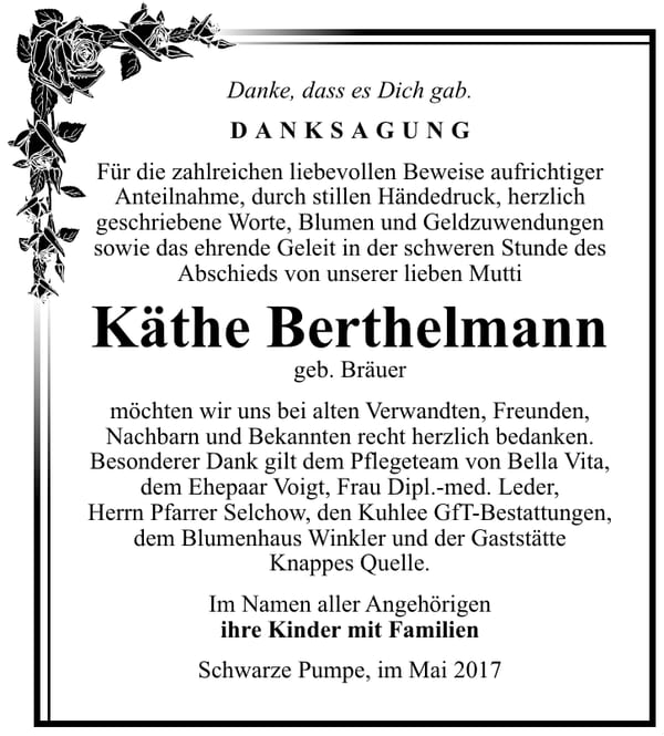 Danksagung Käthe Berthelmann, geb. Bräuer