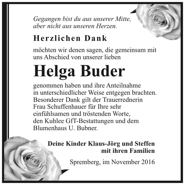 Danksagung Helga Buder