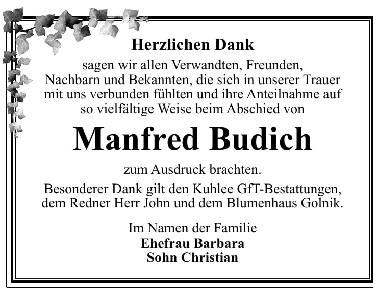 Traueranzeige Manfred Budich