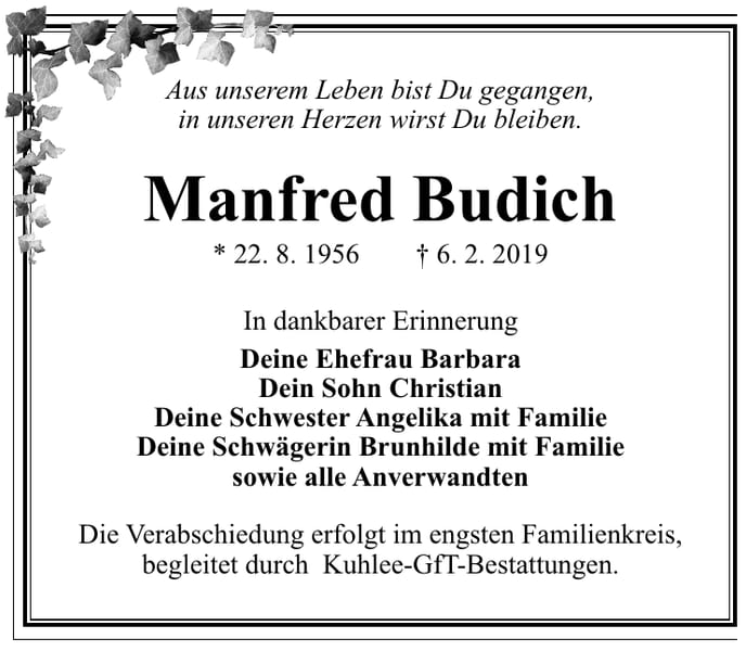 Traueranzeige Manfred Budich