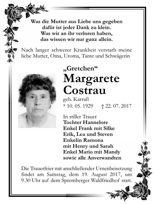 Traueranzeige Margarete „Gretchen“ Costrau, geb. Karraß