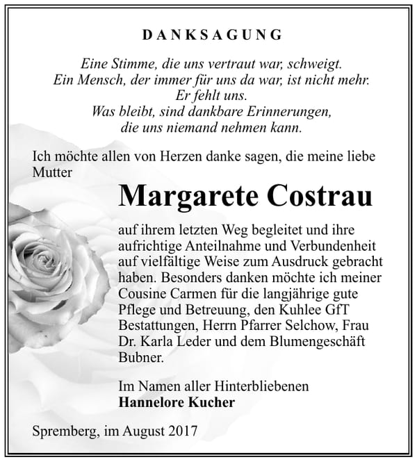 Danksagung Margarete Costrau