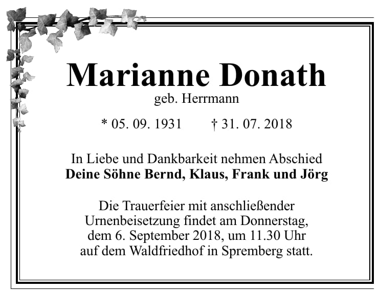 Traueranzeige Marianne Donath, geb. Herrmann