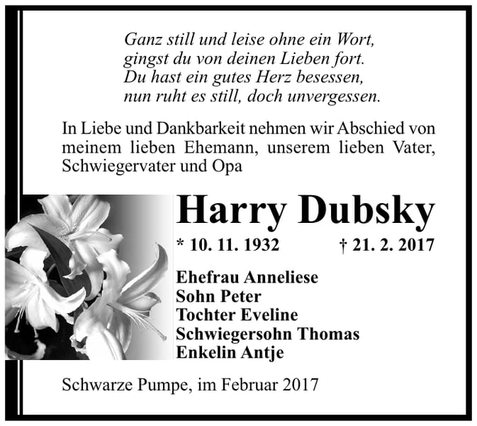 Traueranzeige Harry Dubsky