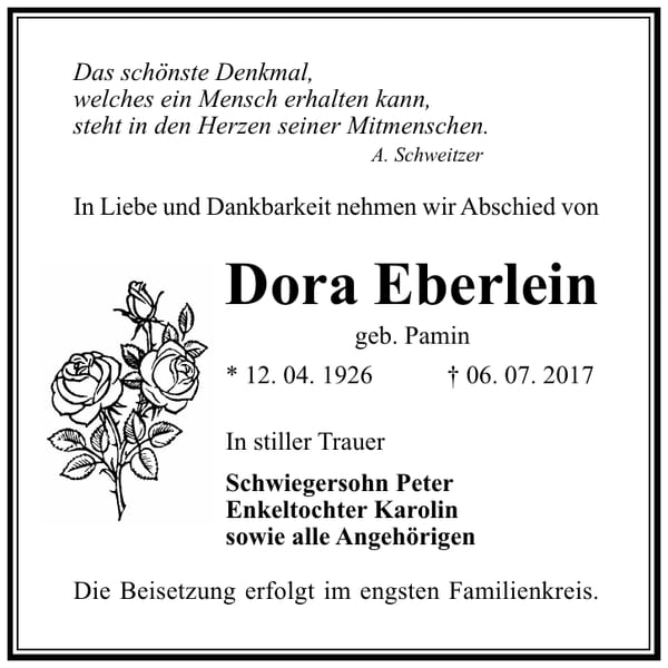 Traueranzeige Dora Eberlein, geb. Pamin