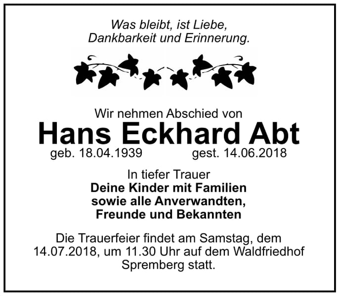 Traueranzeige Hans Eckhard Abt