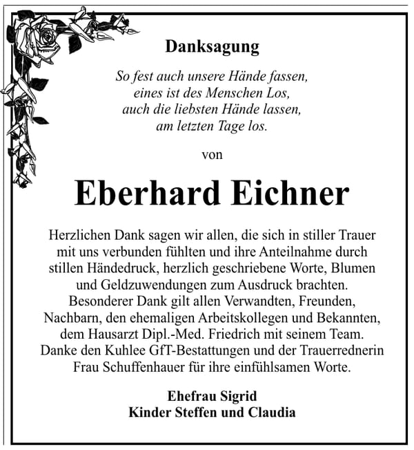 Danksagung Eberhard Eichner