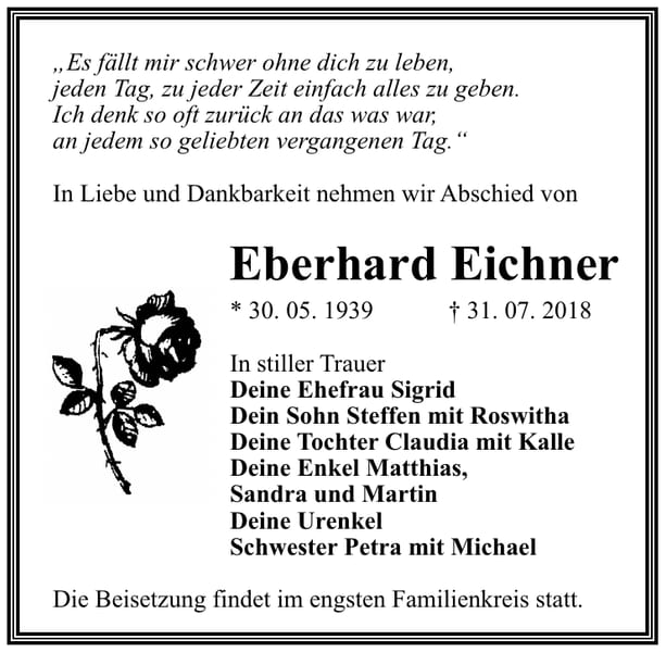 Traueranzeige Eberhard Eichner