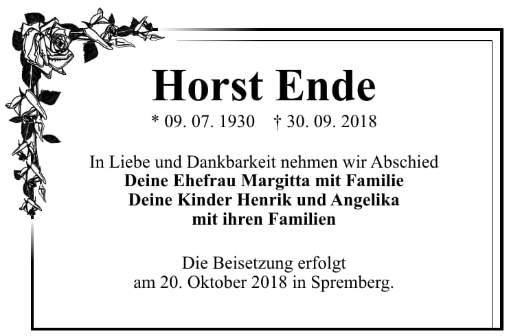 Traueranzeige Horst Ende