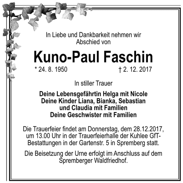 Traueranzeige Kuno-Paul Faschin