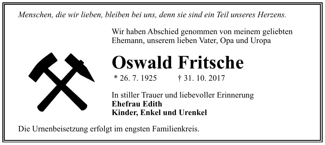 Traueranzeige Oswald Fritsche