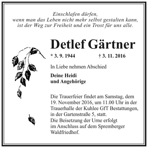 Traueranzeige Detlef Gärtner