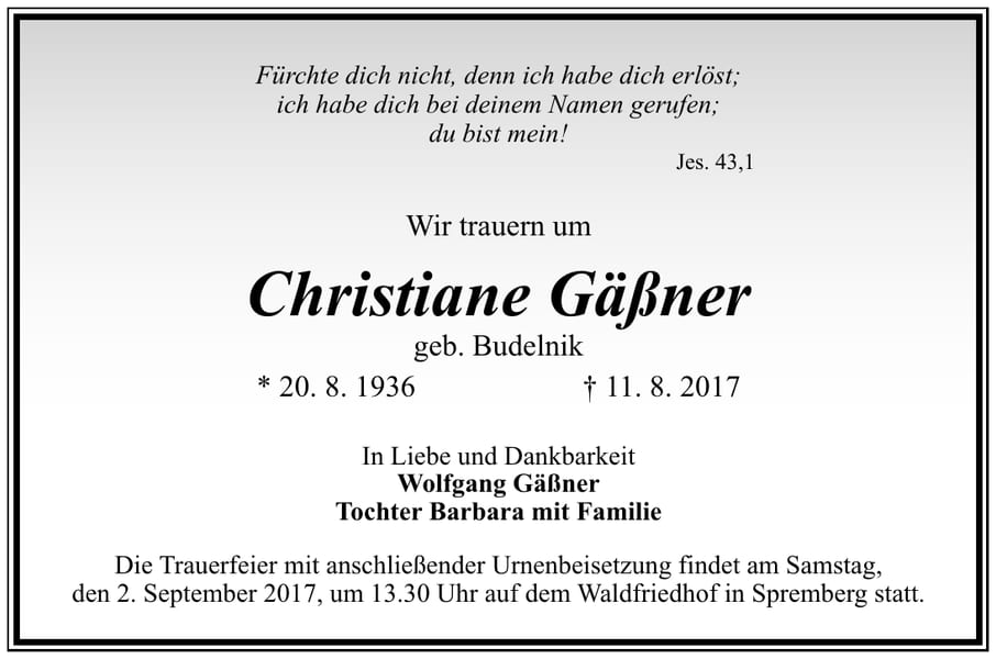 Traueranzeige Christiane Gäßner, geb. Budelnik