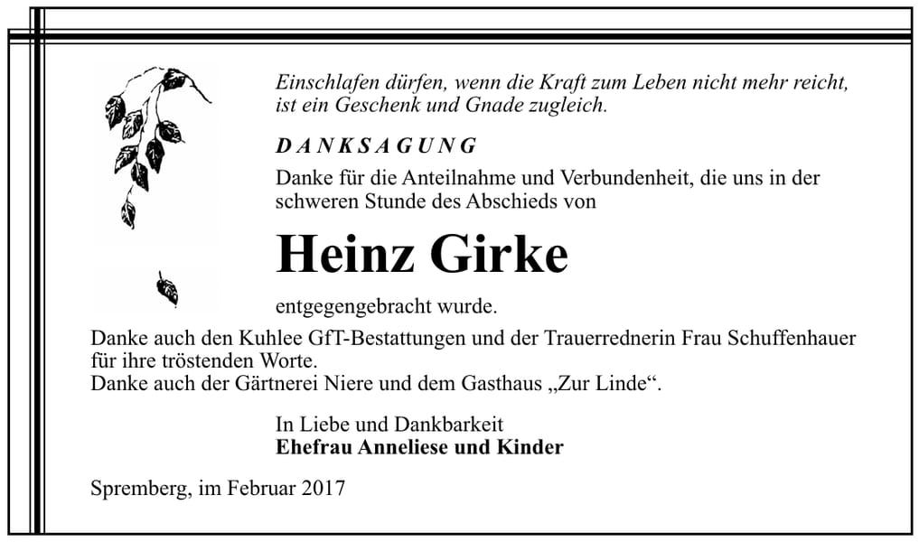 Danksagung Heinz Girke