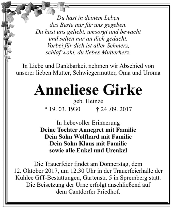 Traueranzeige Anneliese Girke, geb. Heinze