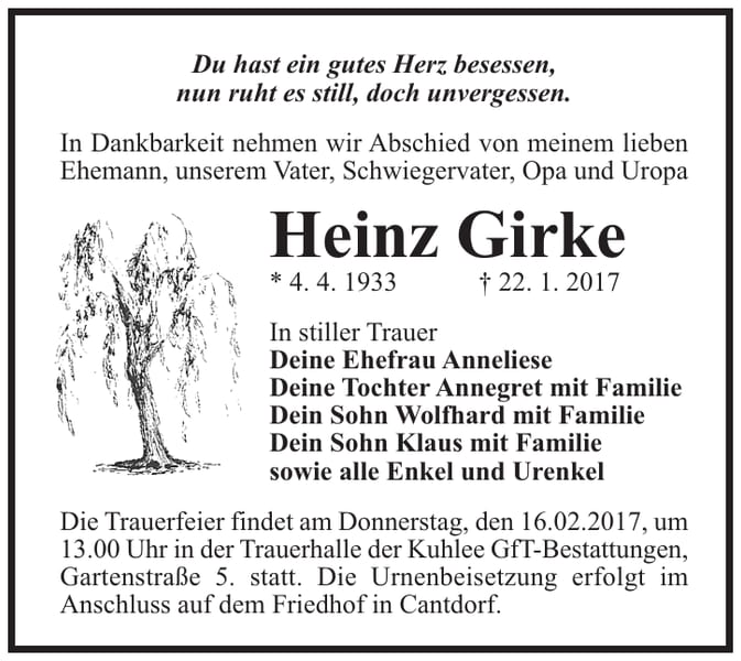 Traueranzeige Heinz Girke
